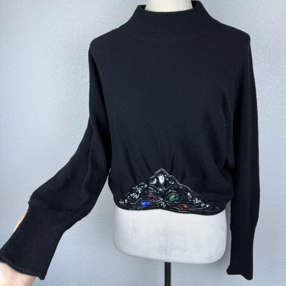 Vintage Le Pull Over Irene Leung Wool Black Mock Neck Beaded Gem Sweater Knit